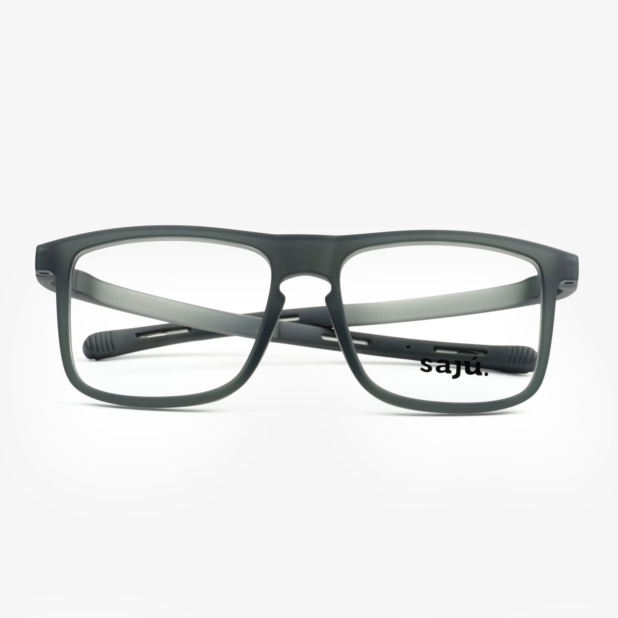 Block Gravel Formuladas — montura formulada rectangular ancha de Sajú en TR90 negro grava con sistema Grip